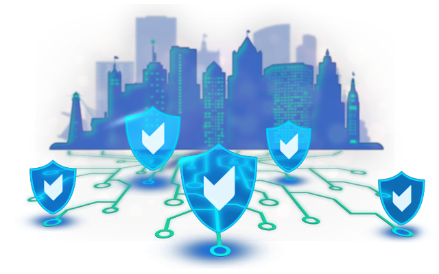PKWARE protecting sensitive data across a connected enterprise, shown as shielded assets over a city skyline