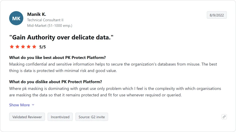 G2 review of PK Protect Platform, 5 out of 5, August 2022